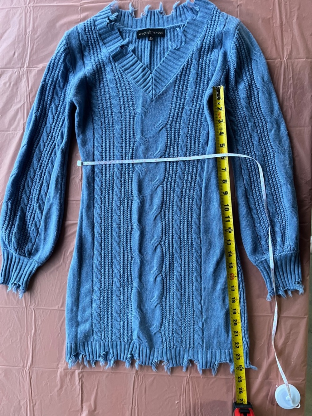 Almost Famous Distressed Blue Cable-Knit V-Neck Sweater